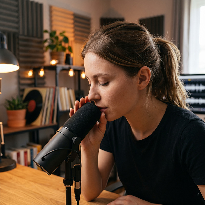 An ASMR artist recording close to a studio microphone
