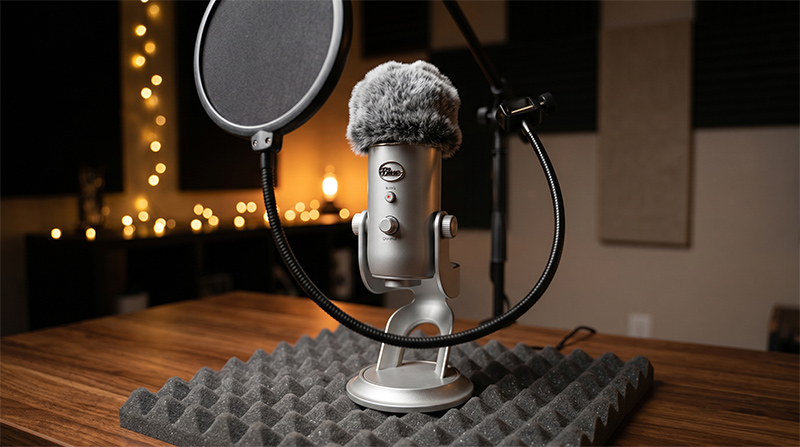 Close-up of a condenser microphone used for ASMR recording