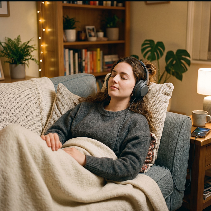A listener resting with headphones on