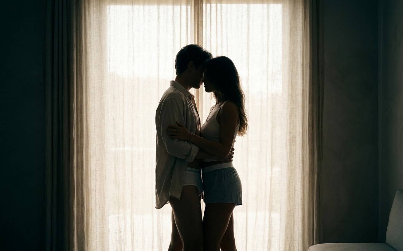 Silhouette of a couple against a bright window, faces not visible