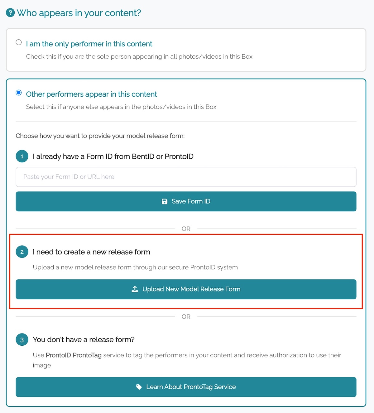 BentBox upload screen asking whether you are the only performer or if other performers / models appear in the content