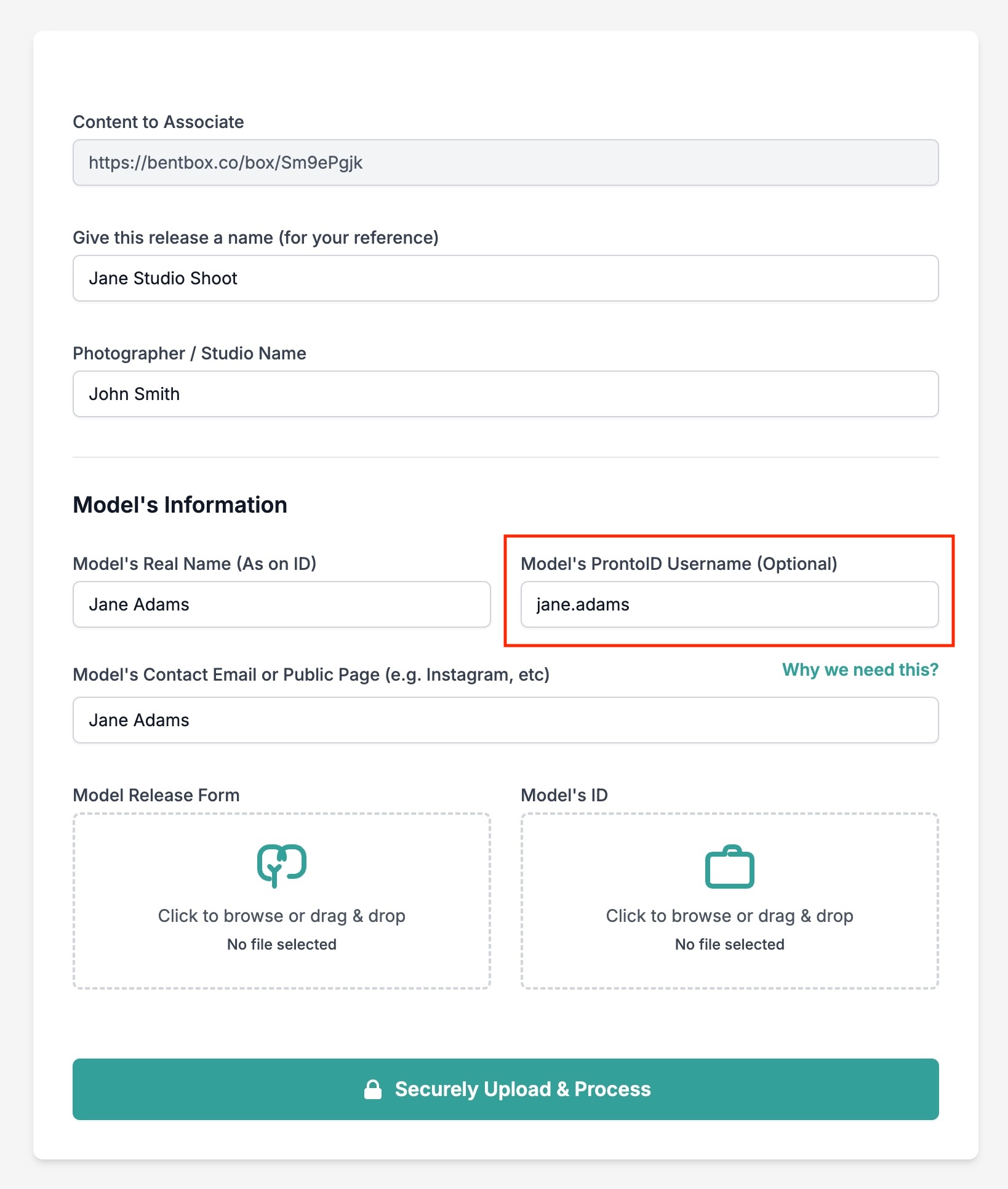 ProntoID form showing upload fields for the model release form and the performer / model's ID document