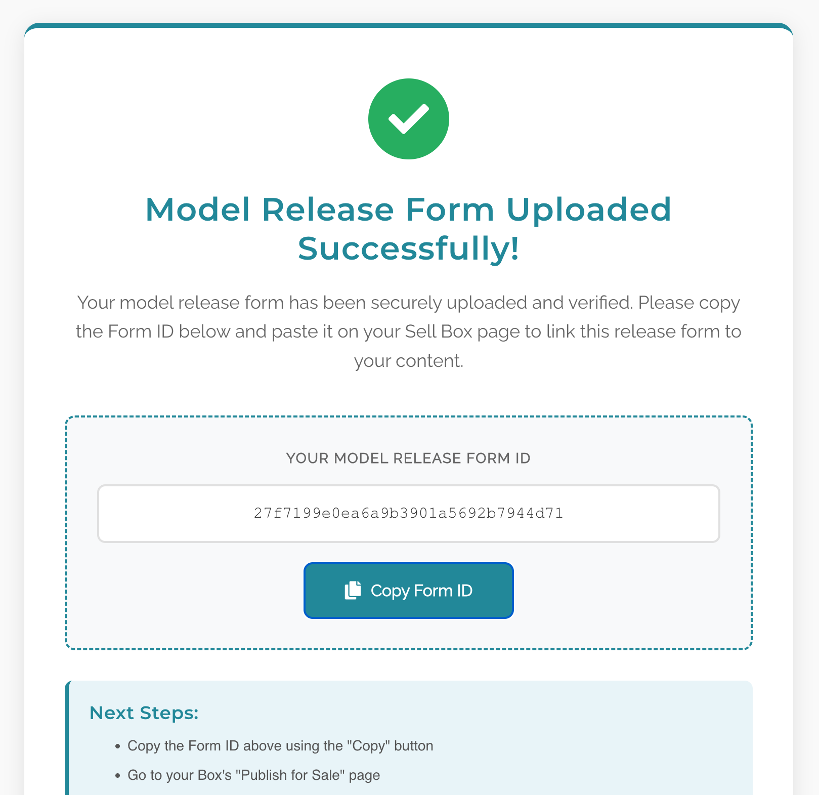 ProntoID confirmation screen showing the generated Form ID with a Copy Form ID button