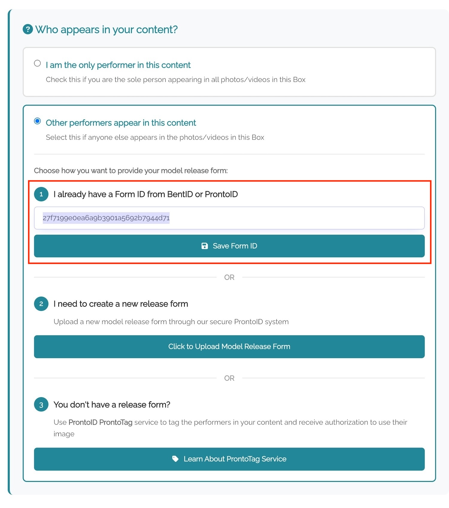 BentBox upload screen with the Form ID field in Step 1 highlighted, ready to accept the ProntoID Form ID