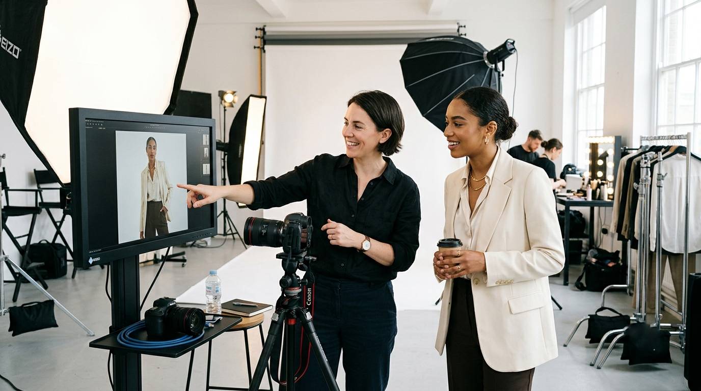 Photographer reviewing a shot with a model on a professional studio set