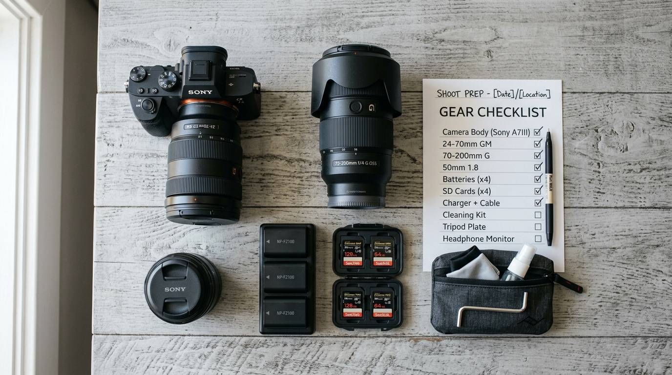 Flat-lay of prepared photography gear: camera body, lenses, batteries, memory cards and a printed checklist