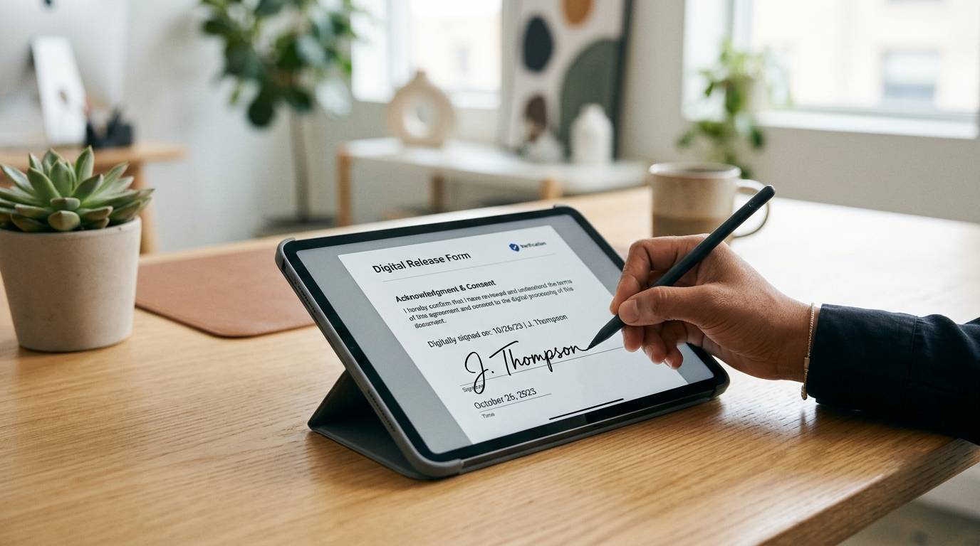 A signed digital model release and identity verification shown on a tablet on a clean desk