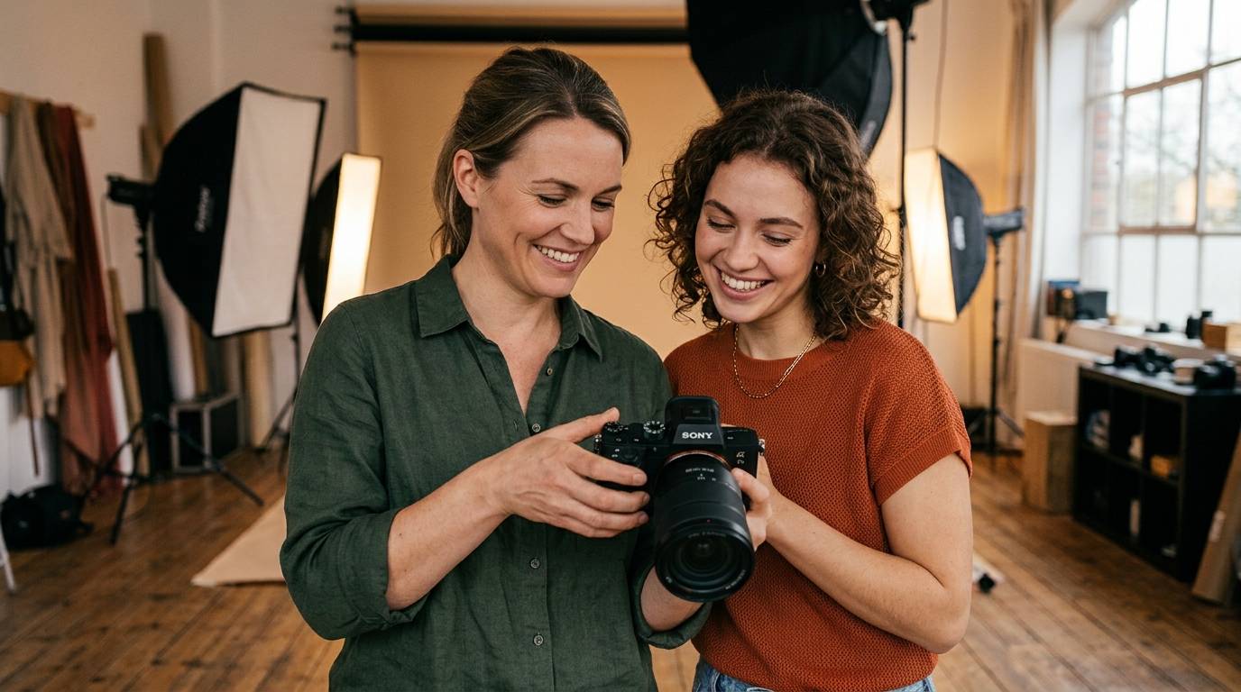 Photographer and model reviewing photos together on the back of the camera