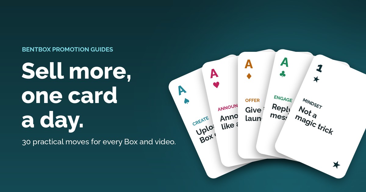 A fan of five playing cards in BentBox colours, one for each step of the selling routine
