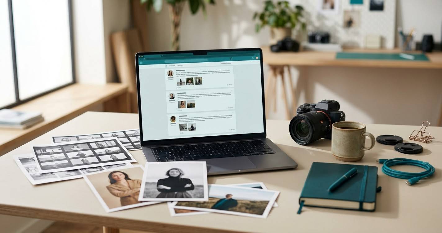 Laptop on a studio desk showing a busy discussion thread, with printed contact sheets and a camera beside it