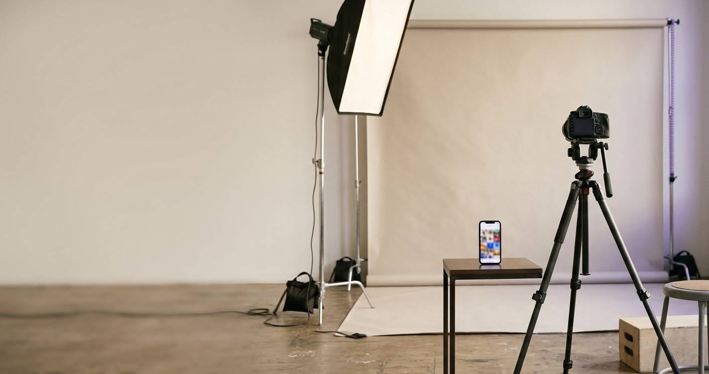 Photographer's studio with a camera on a tripod, softbox lighting and a phone showing a photo grid