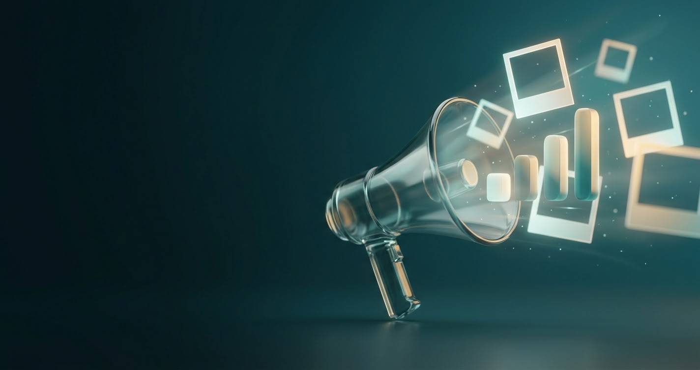 Illustration of a glass megaphone projecting glowing photo frames and rising bars on a teal background