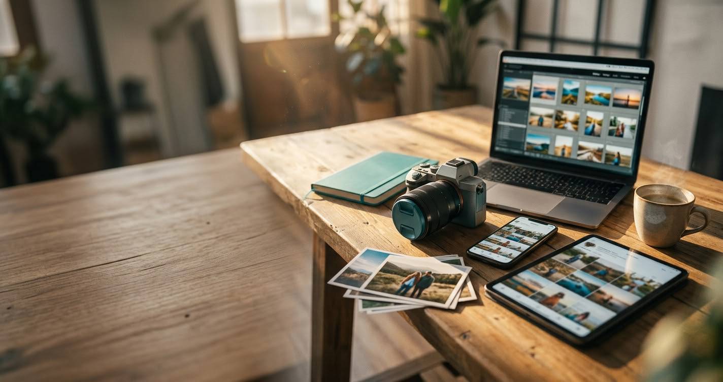 Photographer's desk with a camera, laptop, phone and tablet showing photo feeds, and printed photographs