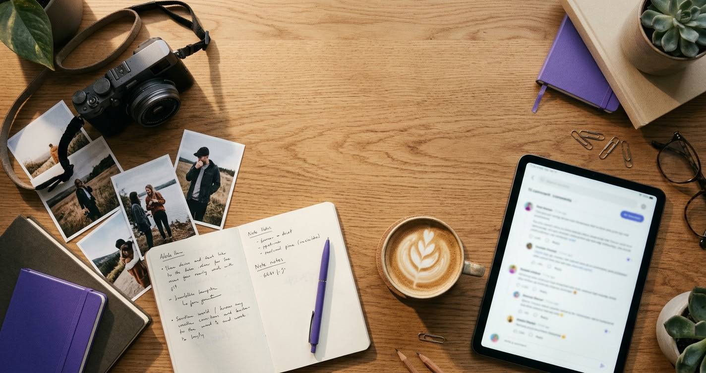 Overhead view of a desk with a camera, printed photos, a notebook and a tablet showing a discussion thread
