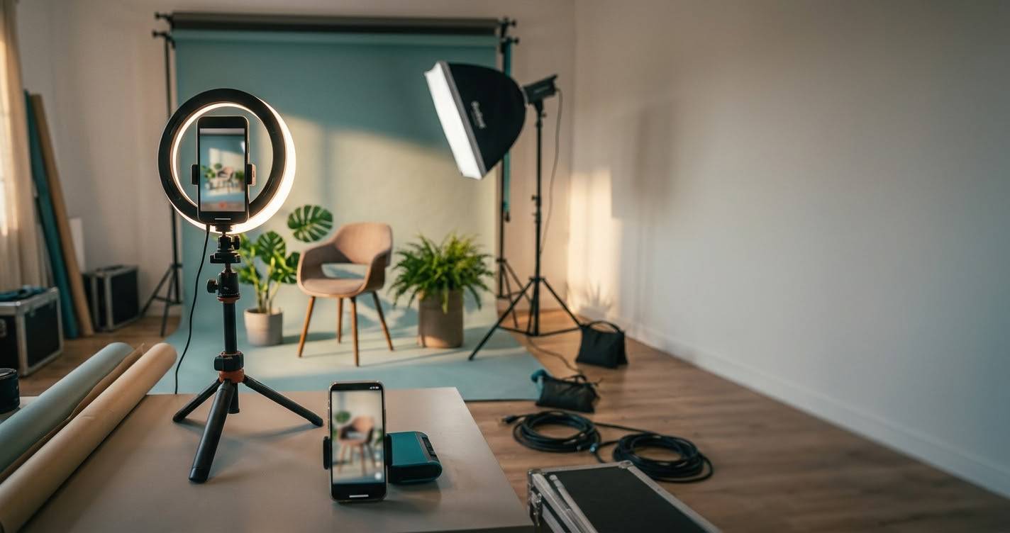 Small photo studio with a smartphone on a tripod and a ring light pointed at a styled set