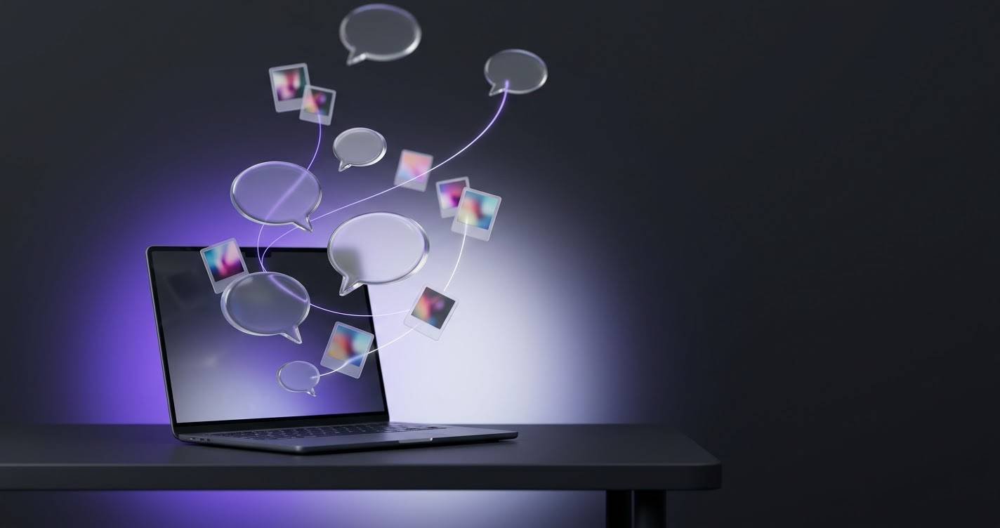 Illustration of glass speech bubbles and photo frames rising from a laptop
