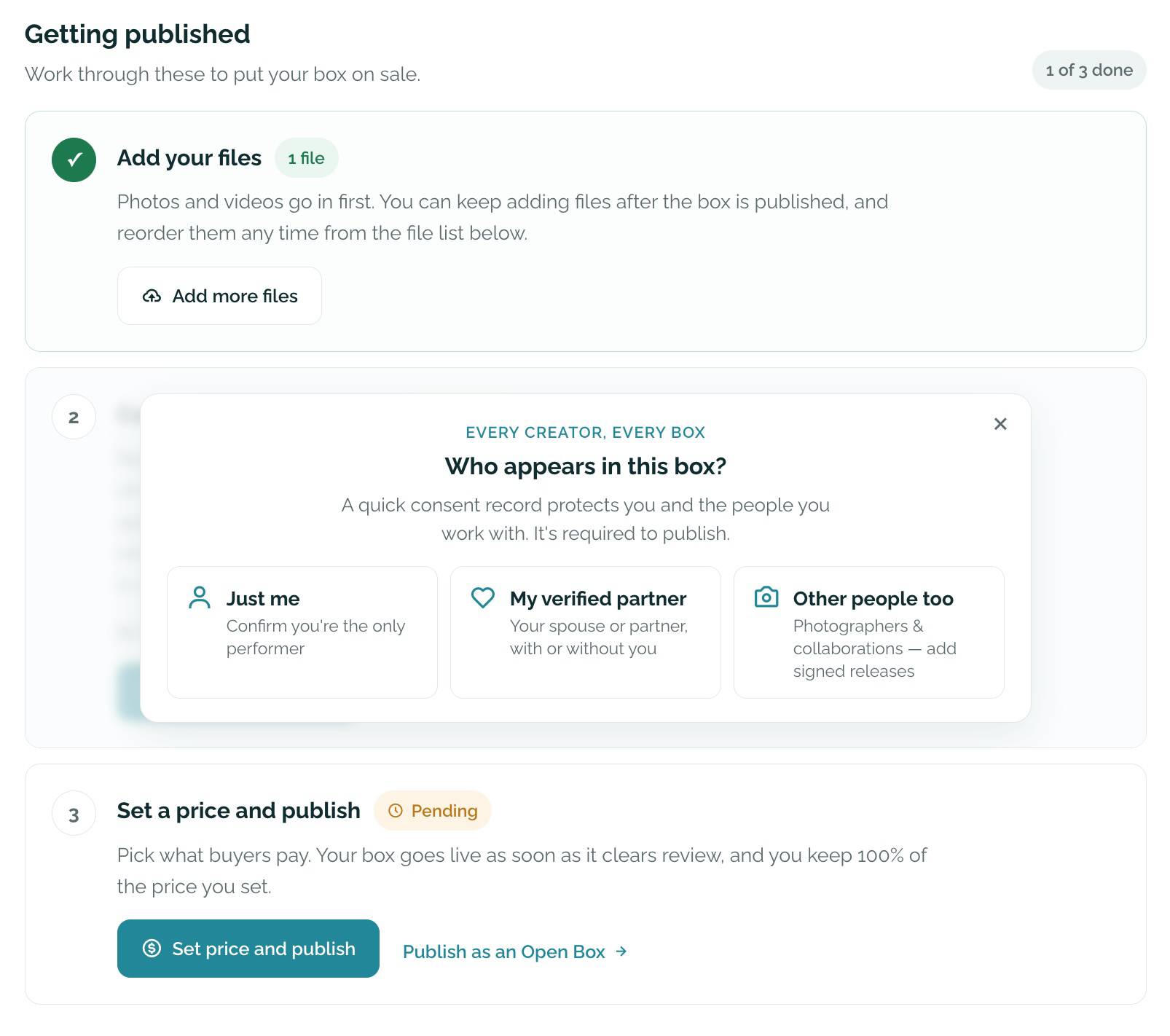 Manage box, Getting published: the Consent and model release step shows a panel asking who appears in this box, with the options Just me, My verified partner and Other people too