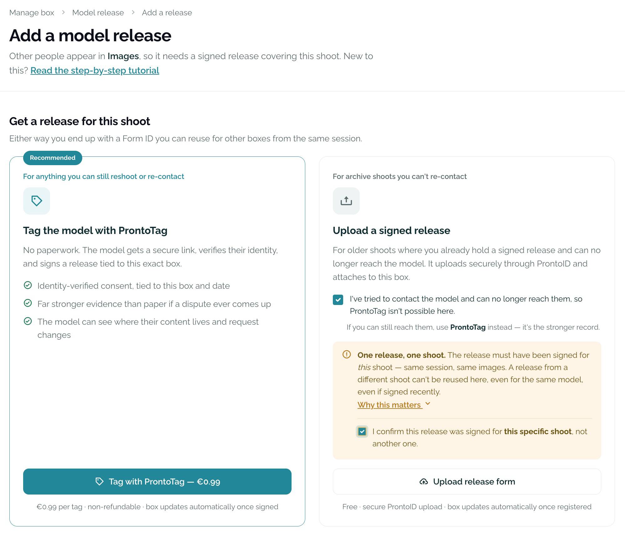 The Add a model release page with two options: Tag the model with ProntoTag for 0.99 euro, recommended, or Upload a signed release for archive shoots, with two confirmation checkboxes and an Upload release form button