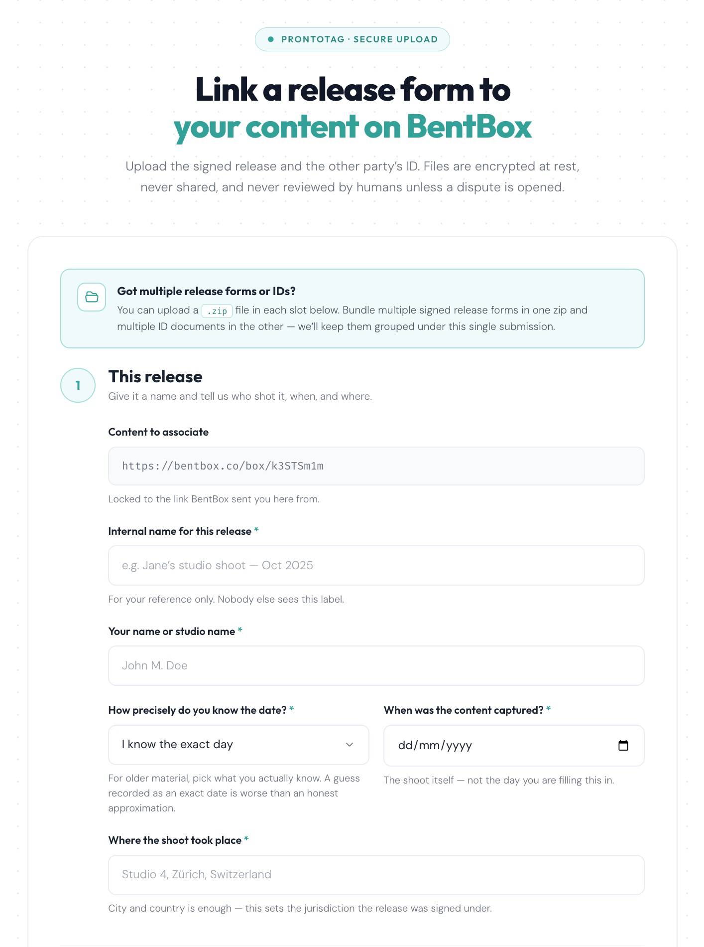 The ProntoID secure upload page: Link a release form to your content on BentBox, with fields for the content link, internal name, your name or studio name, date and place of the shoot
