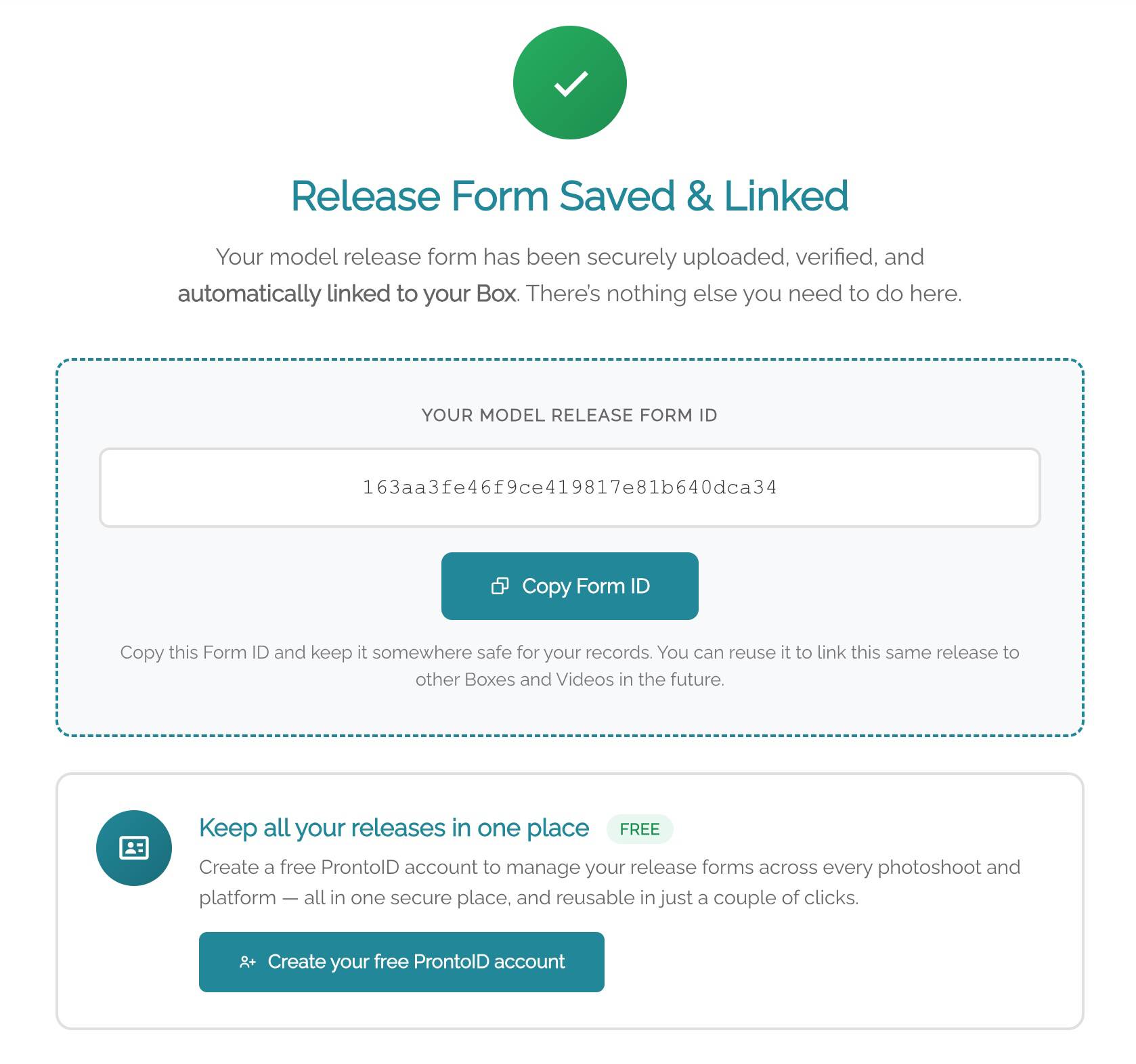 Confirmation page: Release Form Saved and Linked, with the model release Form ID, a Copy Form ID button and an invitation to create a free ProntoID account