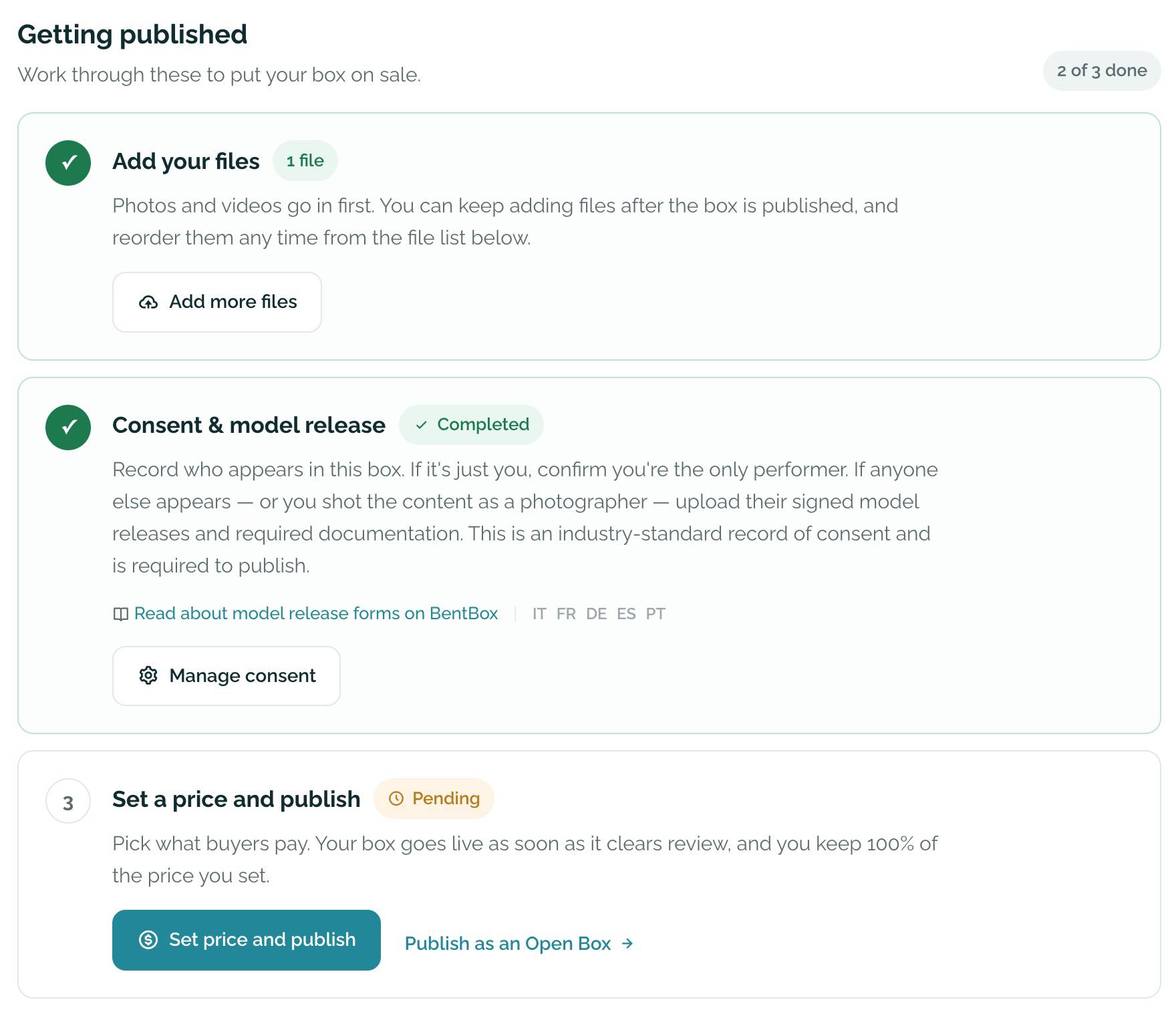 Manage box, Getting published: Consent and model release marked Completed, two of three steps done, with Set price and publish next