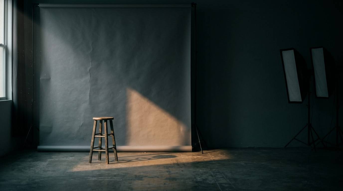 An empty photography studio at dusk: a single stool before a grey paper backdrop, lit by one low beam of window light