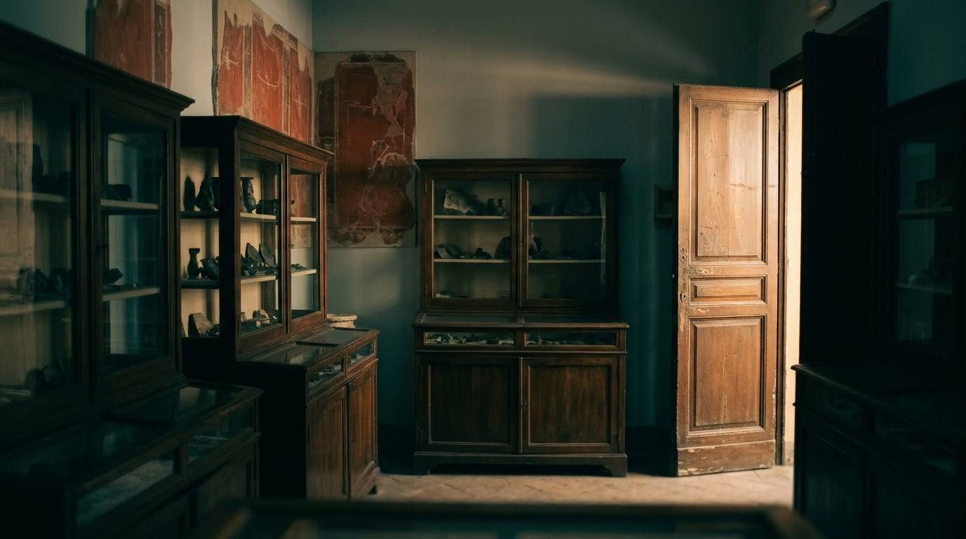 A dimly lit museum room with Roman frescoes and marble pieces displayed behind glass